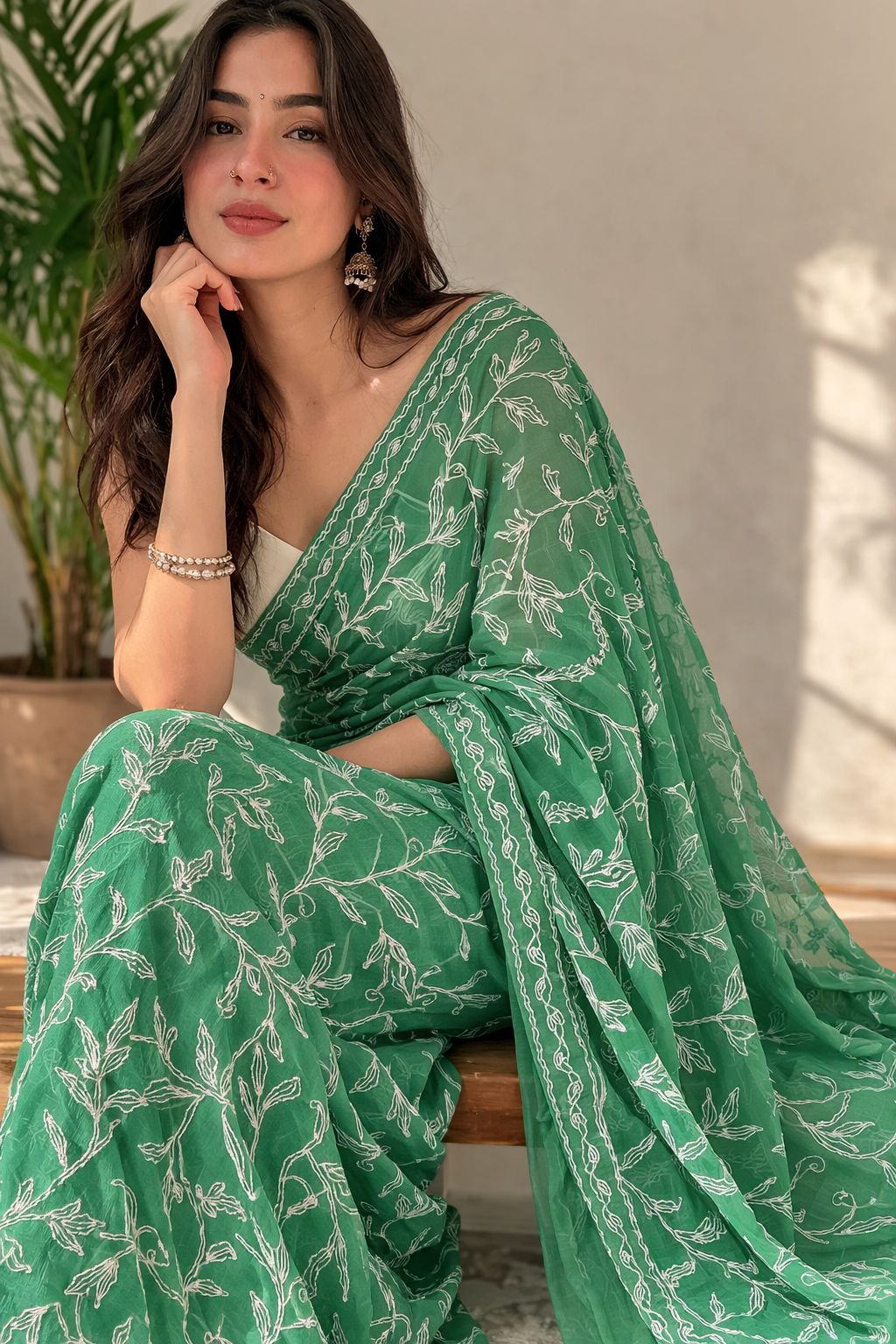Sea-Green Leaf-Print Chiffon Saree — Bela (view 2)