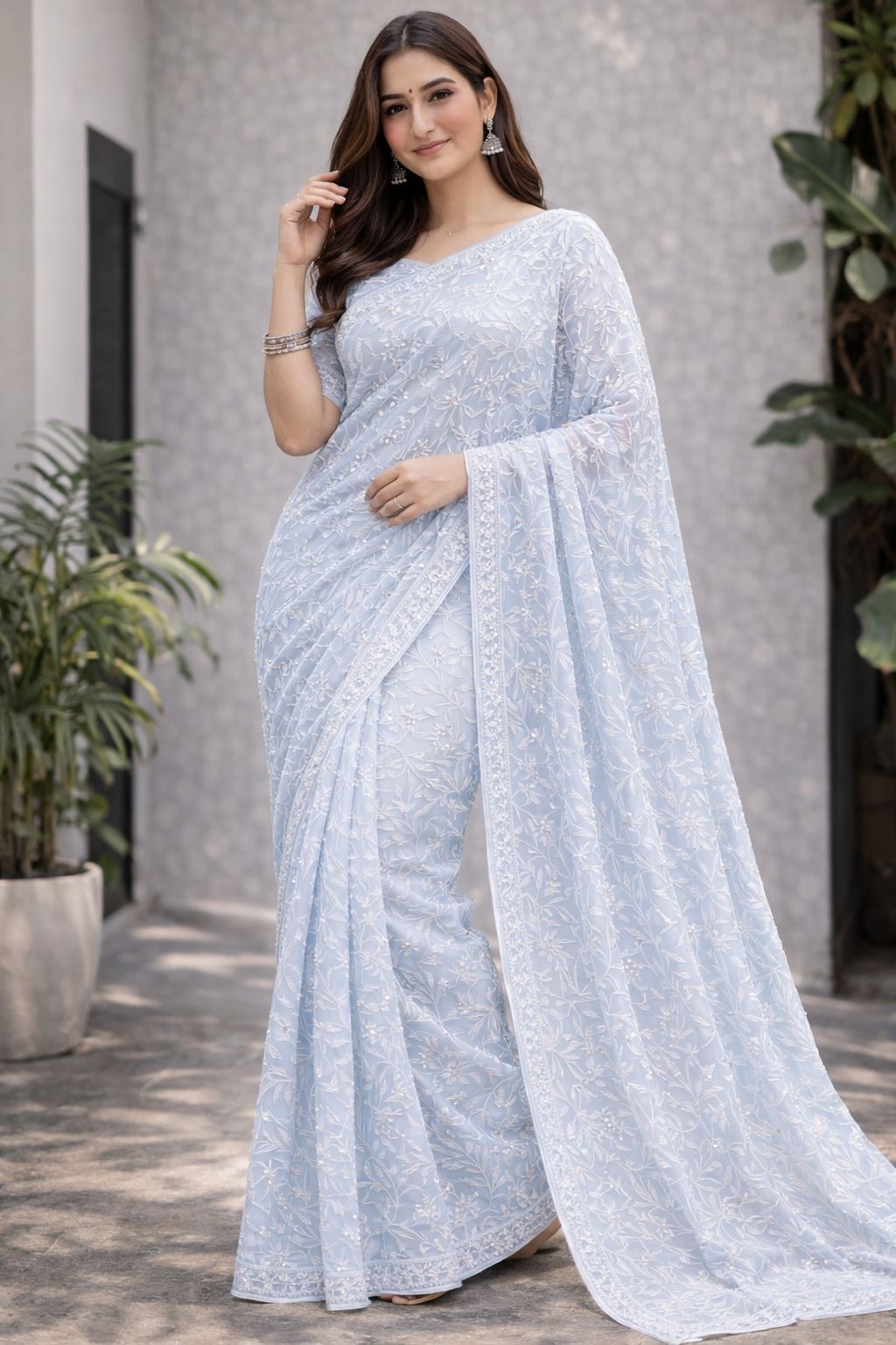 Powder-Blue Chikankari Saree — Bela