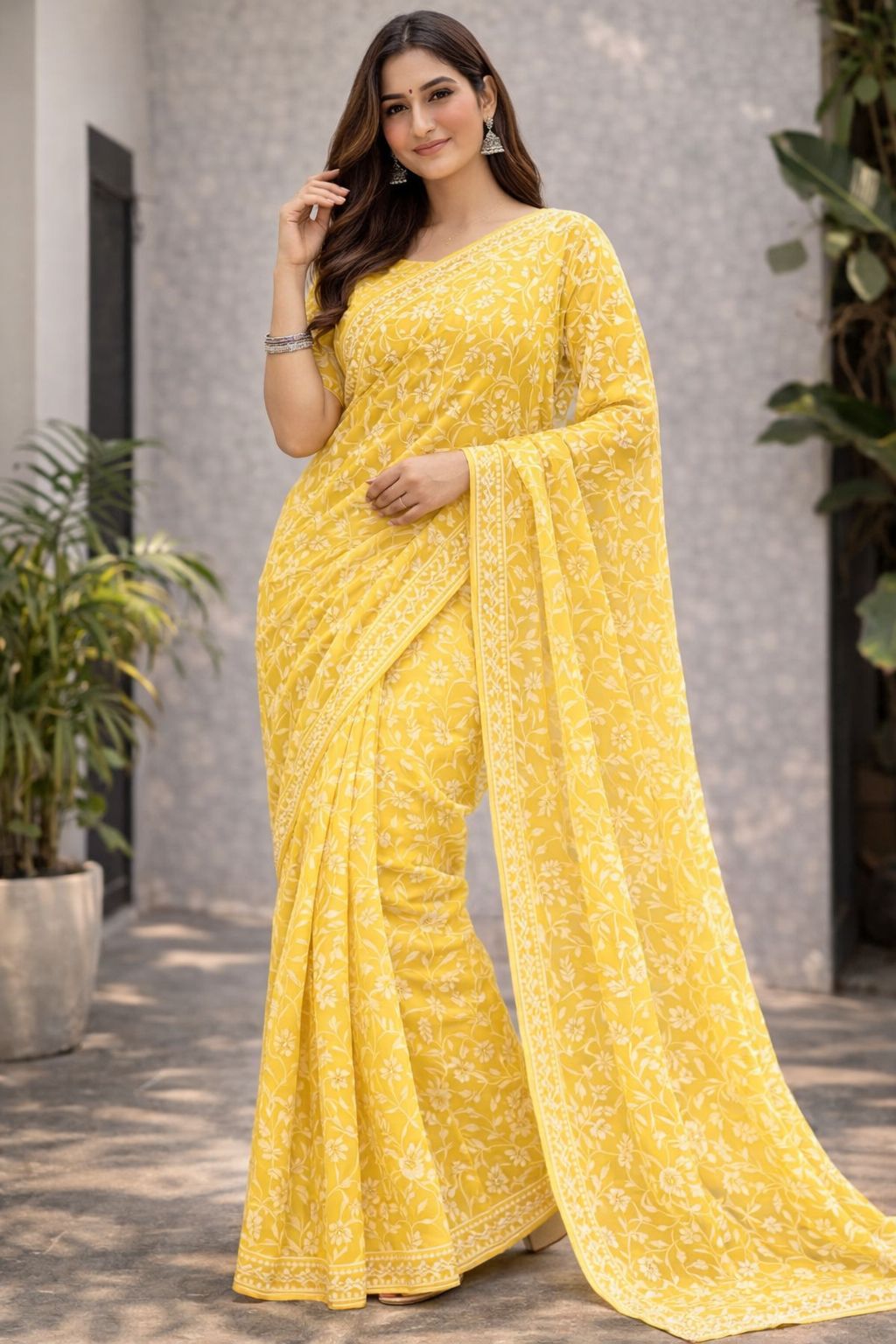 Marigold Chikankari Chiffon Saree — Bela