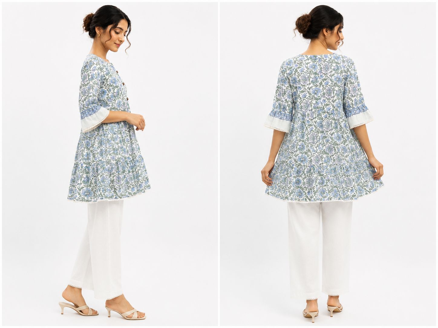 Blue Block-Print Tiered Tunic Set — Saheli (view 2)