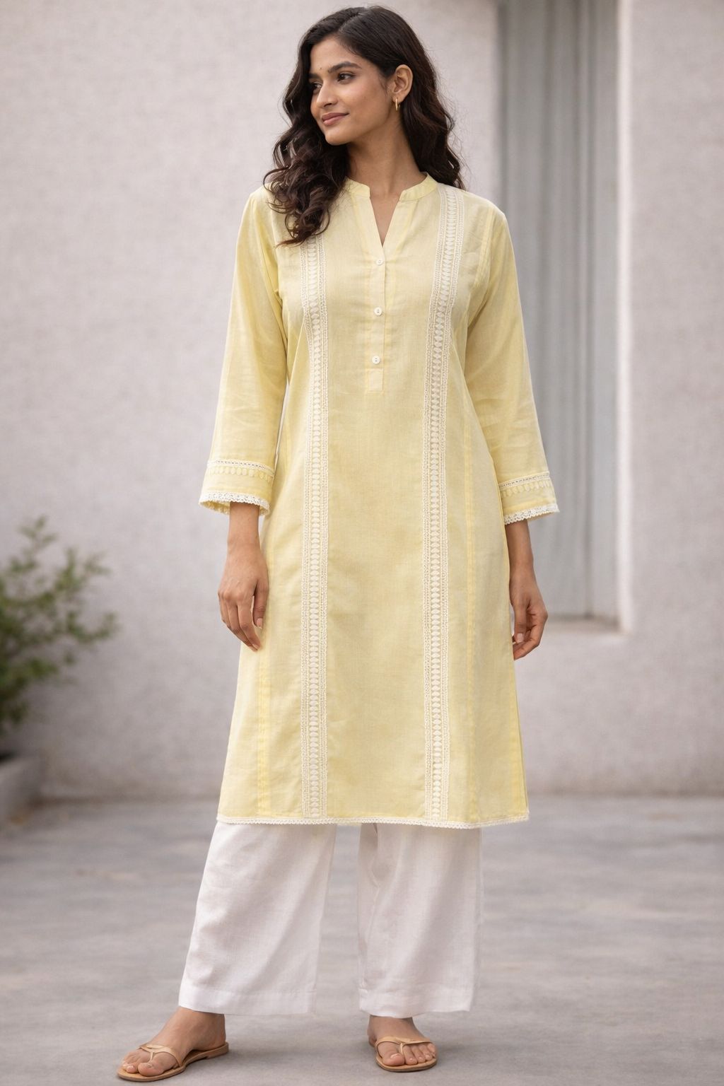 Buttercup Lace-Panel Cotton Kurta — Saheli