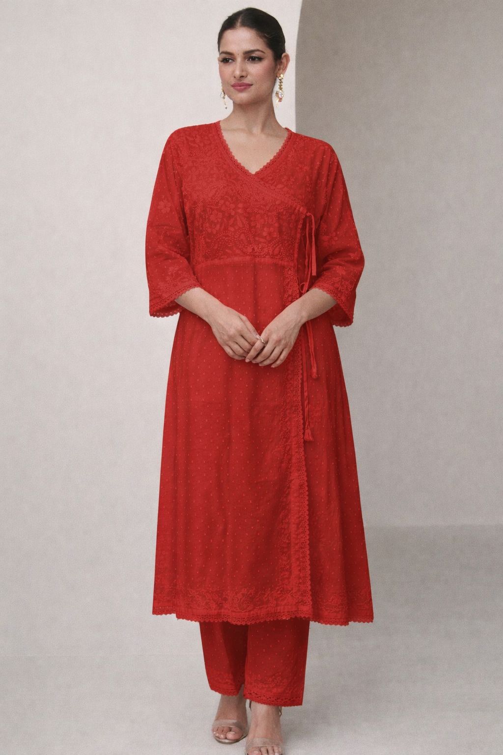 Scarlet Chikankari Angrakha Suit — Saheli