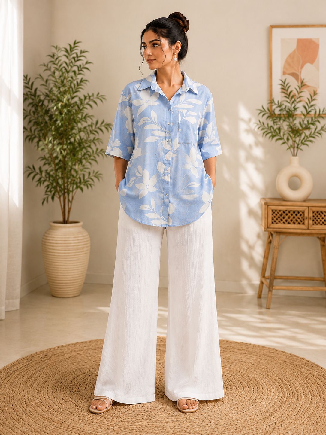 Blue Floral Shirt & Bell-Bottom Set — SC Urban