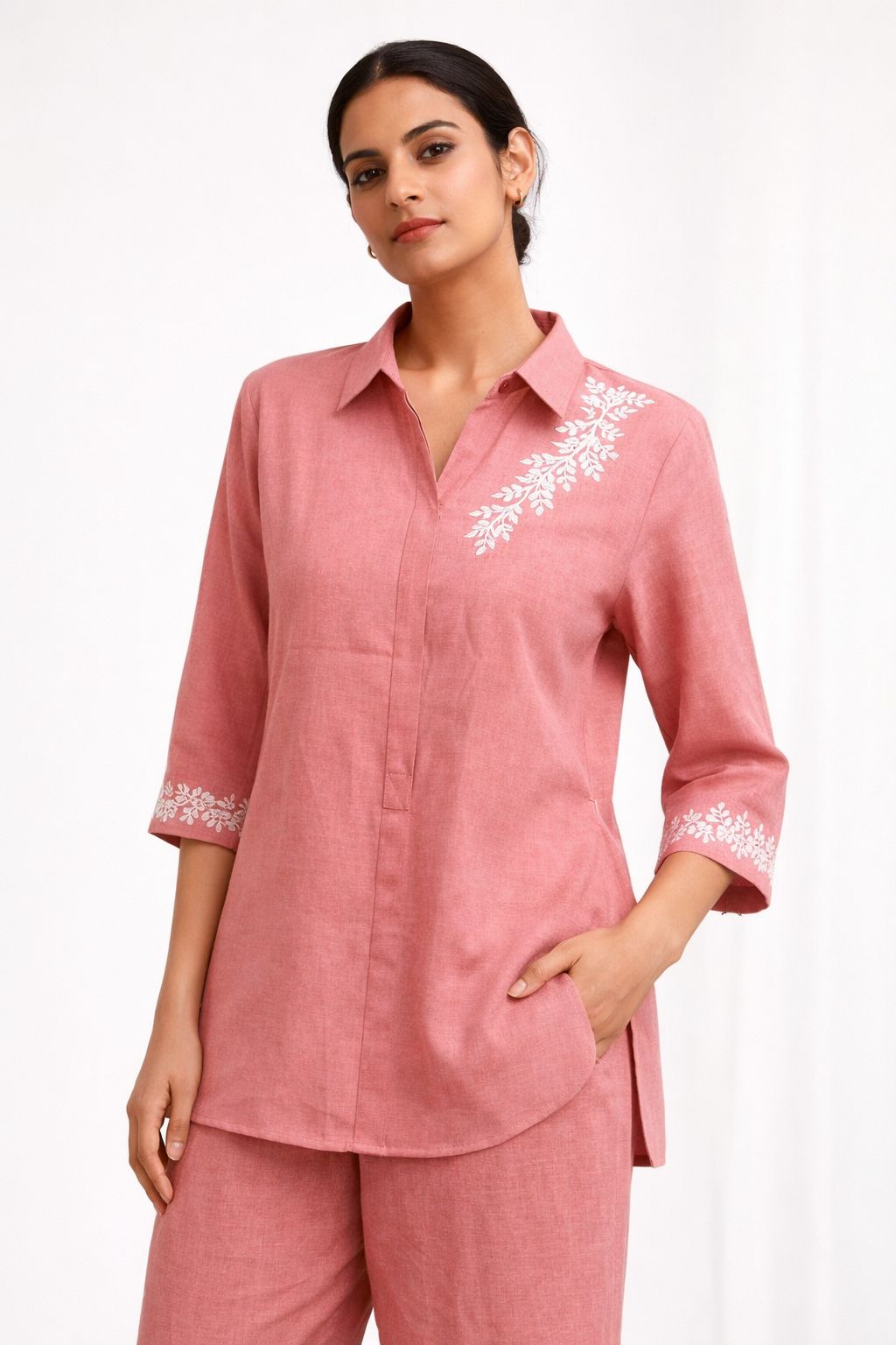 Rose Linen Embroidered Shirt & Pant Set — WE 5