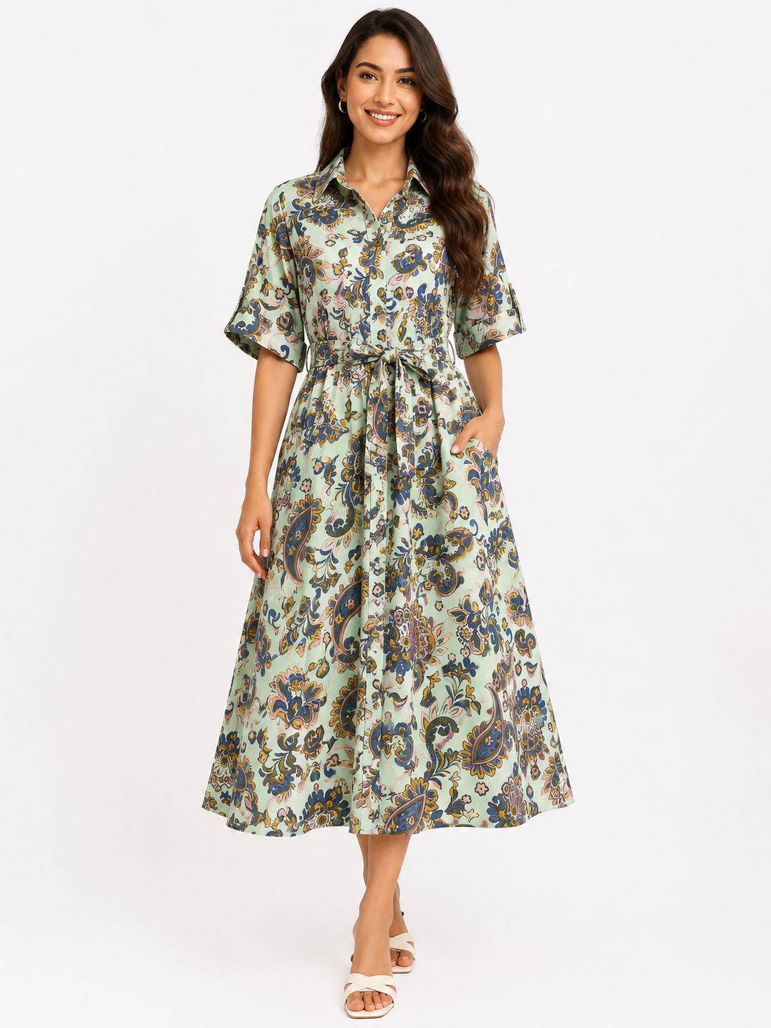 Sage Paisley Tie-Waist Shirt Dress — Zero Kiss