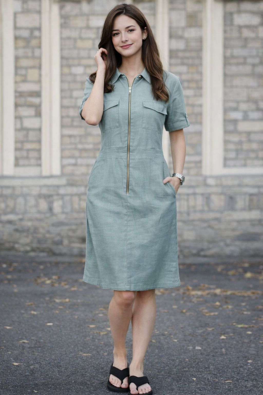 Sage Zip-Front Collared Shirt Dress — Zero Kiss